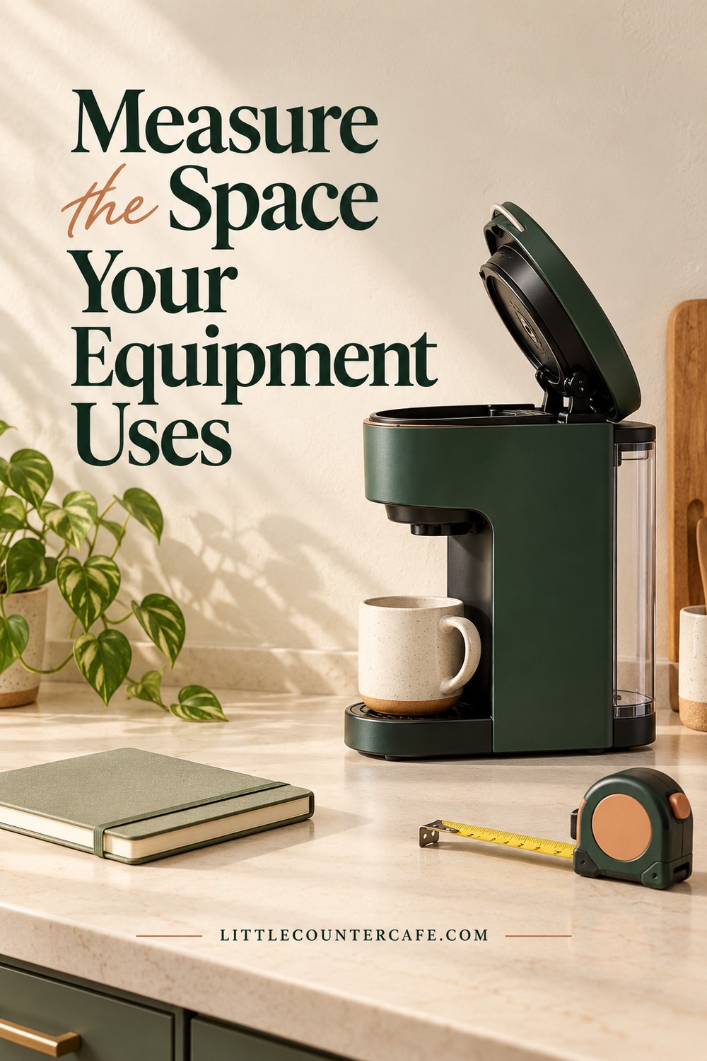 Compact green coffee brewer with its lid open beside a notebook and measuring tape.