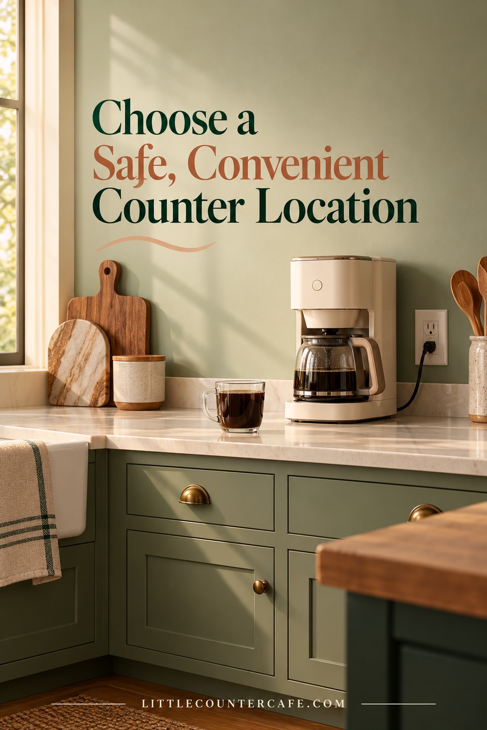 Compact brewer positioned on a clear counter away from a sink or stove.