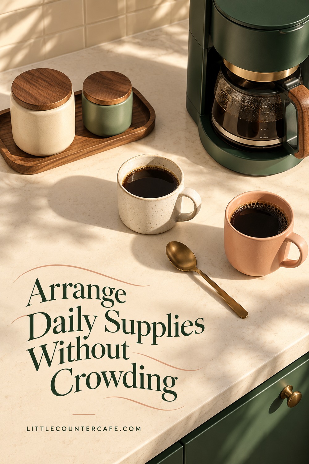 Daily coffee supplies arranged with a clear preparation and cup landing area.