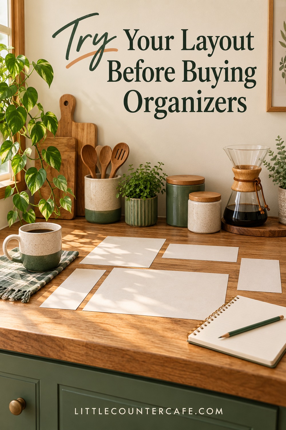 Temporary paper layout planning supplies beside coffee equipment on a counter.