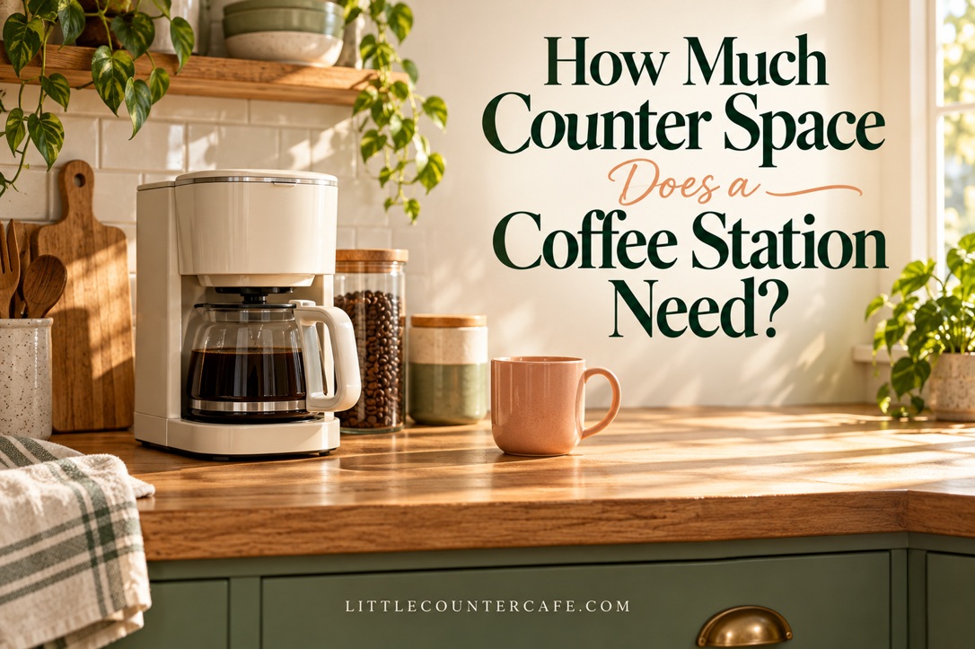 Concept small coffee counter with cream brewer, peach mug and clear working space.
