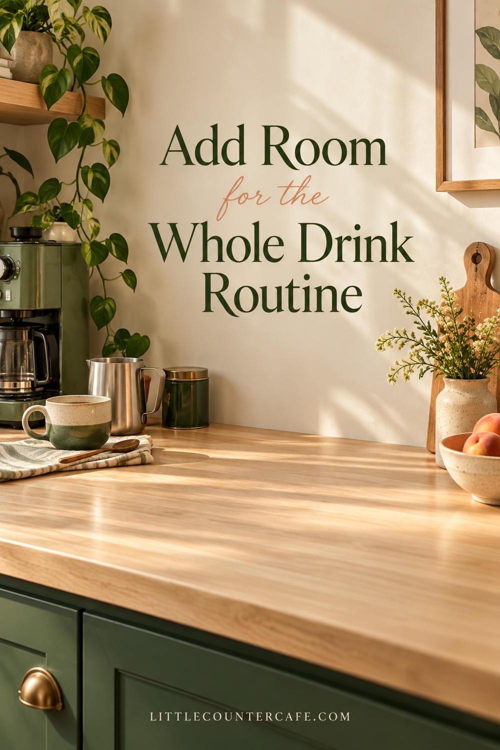 Illustrative drink preparation area beside a coffee maker with a cup and pitcher.