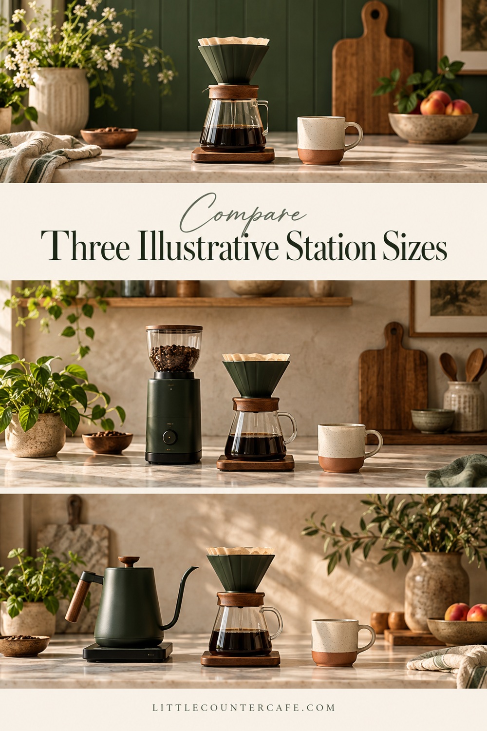 Three concept coffee arrangements with a brewer, grinder or kettle; not shown to scale.