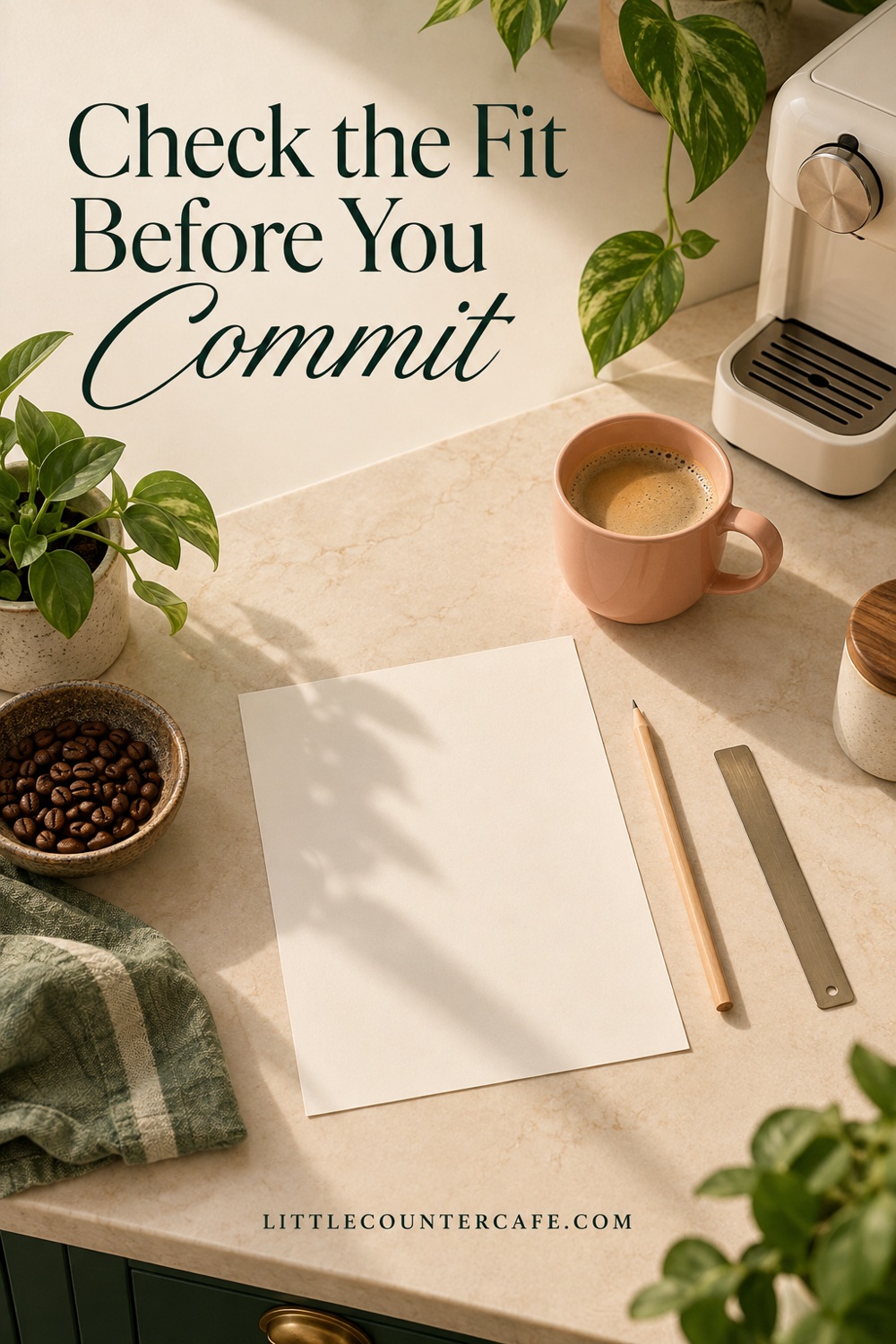 Concept measuring worksheet and pencil beside a mug on an uncluttered worktop.