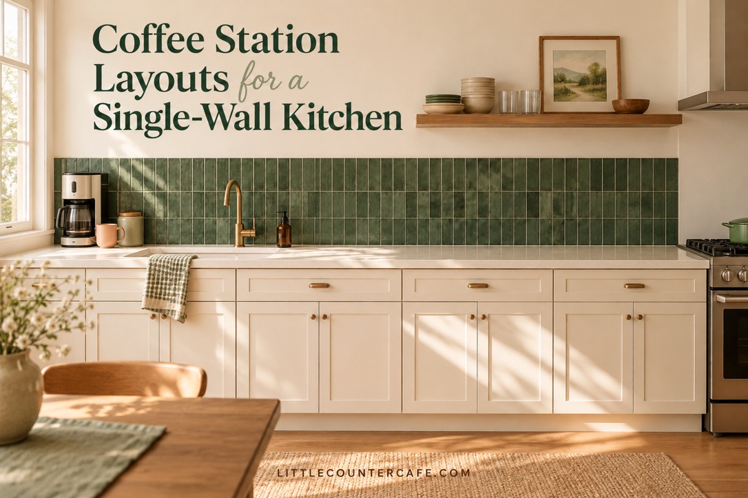 Concept single-wall kitchen with a coffee maker at the left end, a central sink and clear preparation counter.