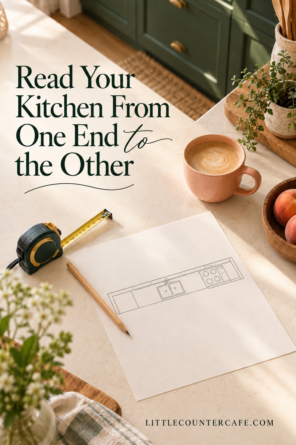 Planning a straight kitchen run with a sketch, pencil, tape measure and peach coffee cup.