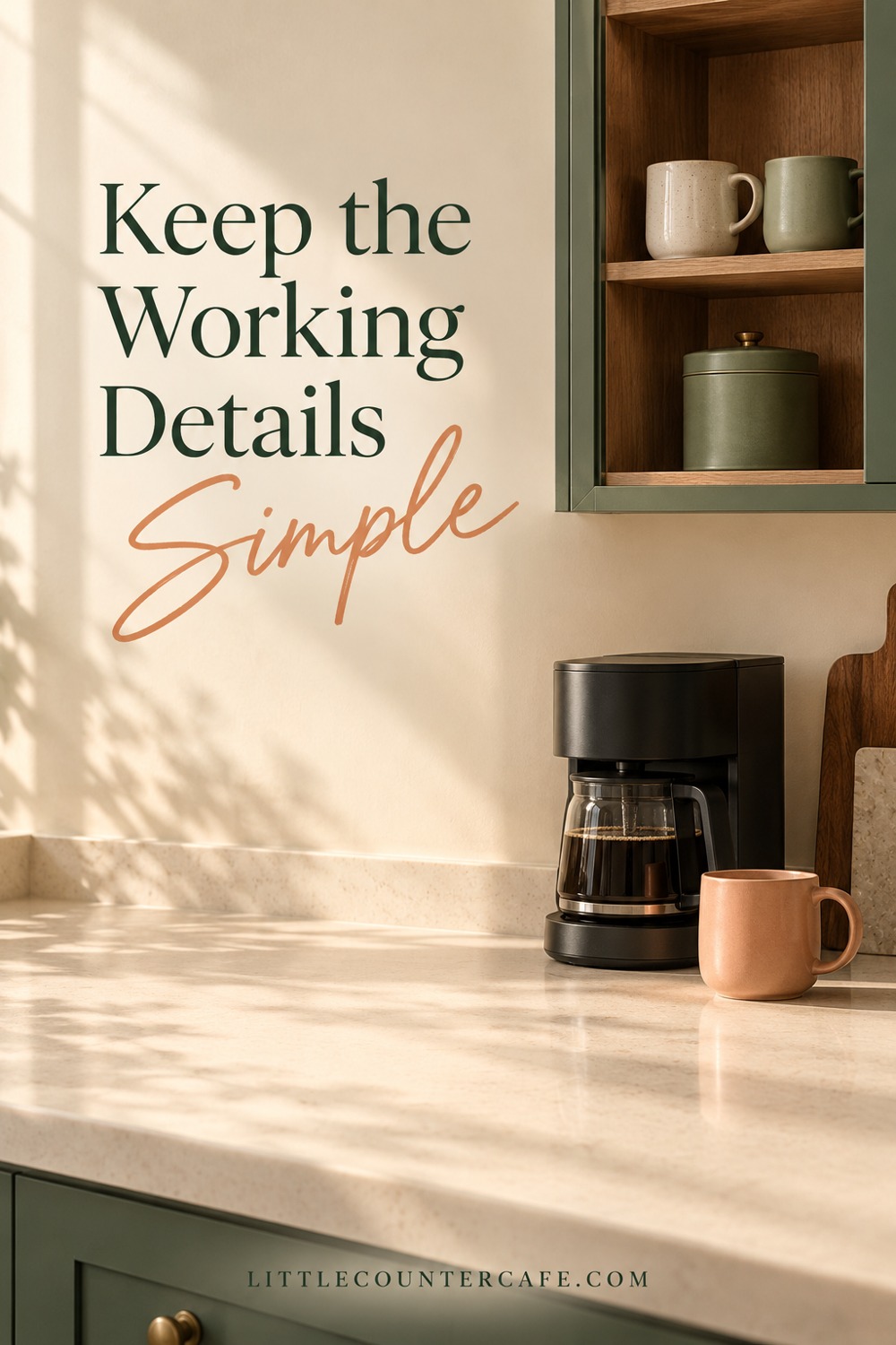 Illustrative simple coffee counter with a peach mug and nearby cabinet storage.