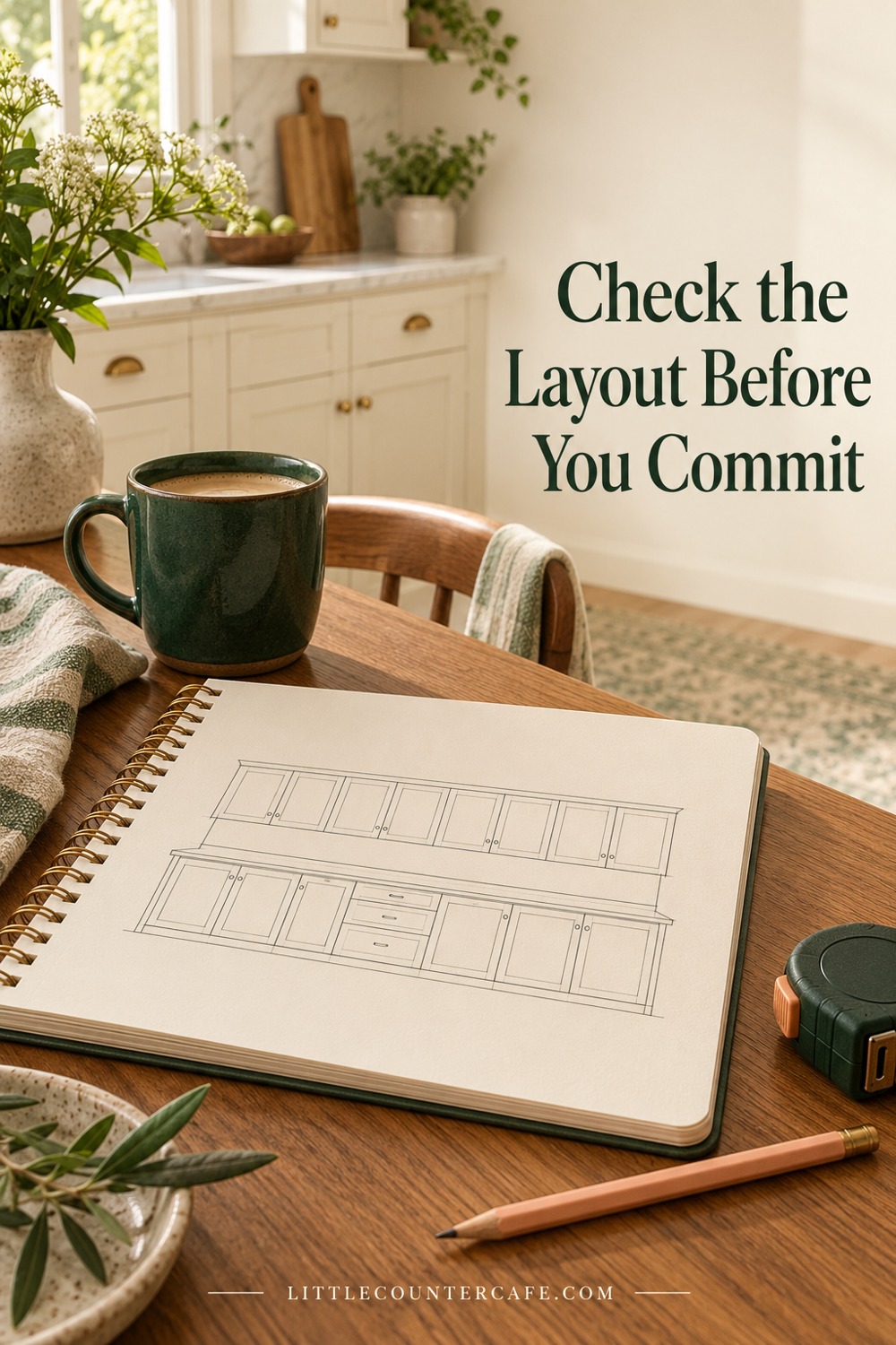 Notebook showing a straight cabinet elevation beside a green mug and closed tape measure.