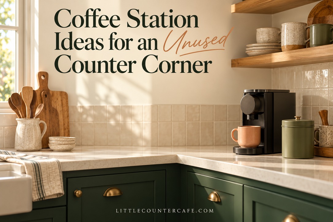 A compact dark coffee maker and peach mug on the right leg of a cream kitchen counter corner with green cabinets.
