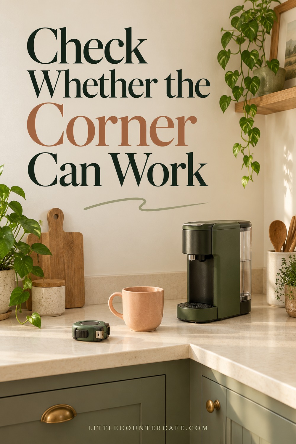 A green capsule coffee maker, peach mug and closed tape measure on an open cream corner counter.