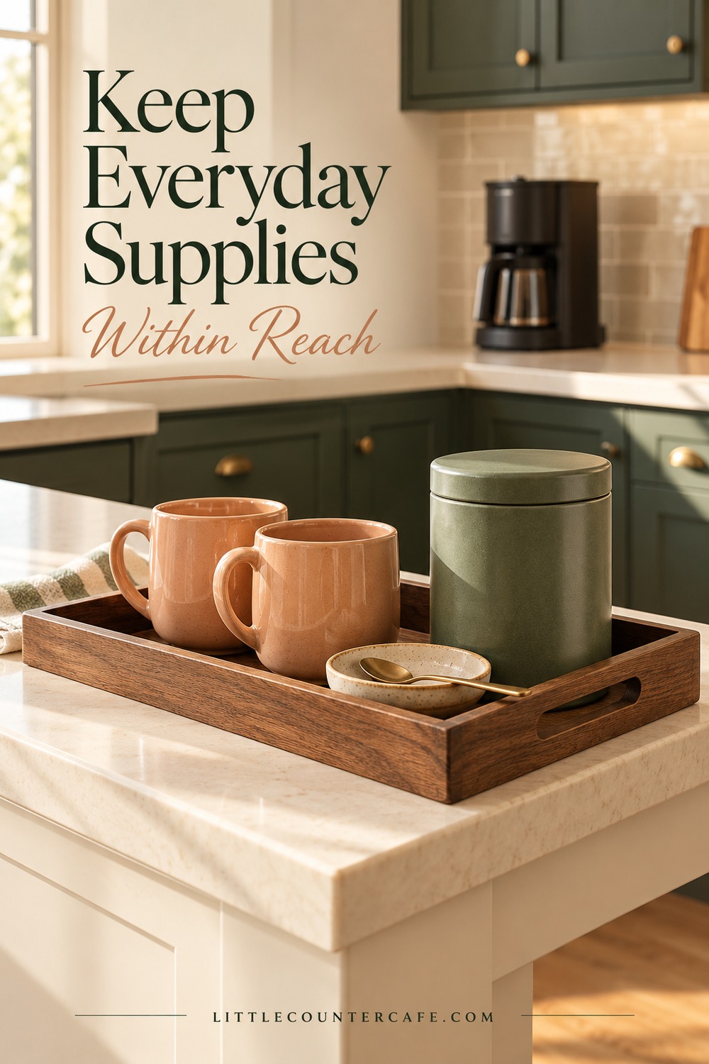 Two peach mugs, a closed sage tin and spoon dish on a shallow wooden tray with a coffee maker in the background.