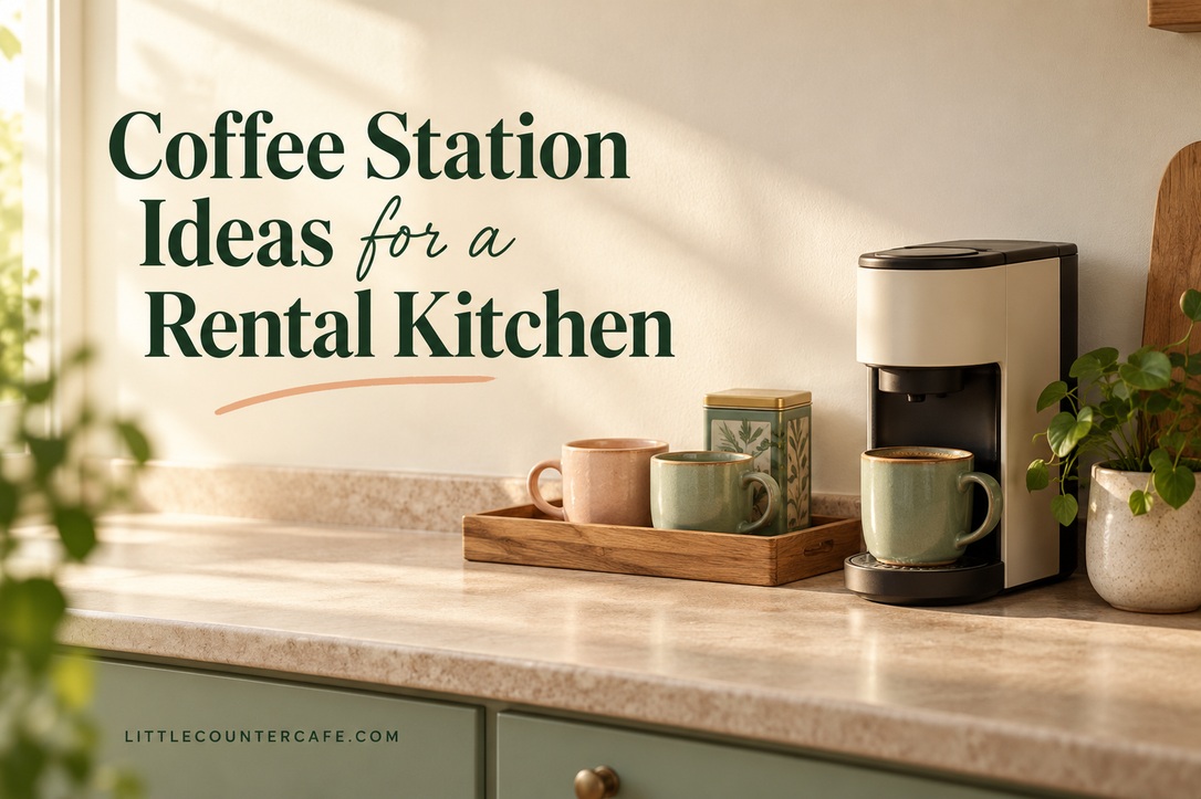 Illustrative rental kitchen coffee corner with a compact cream machine, peach and sage mugs and a removable wooden tray.