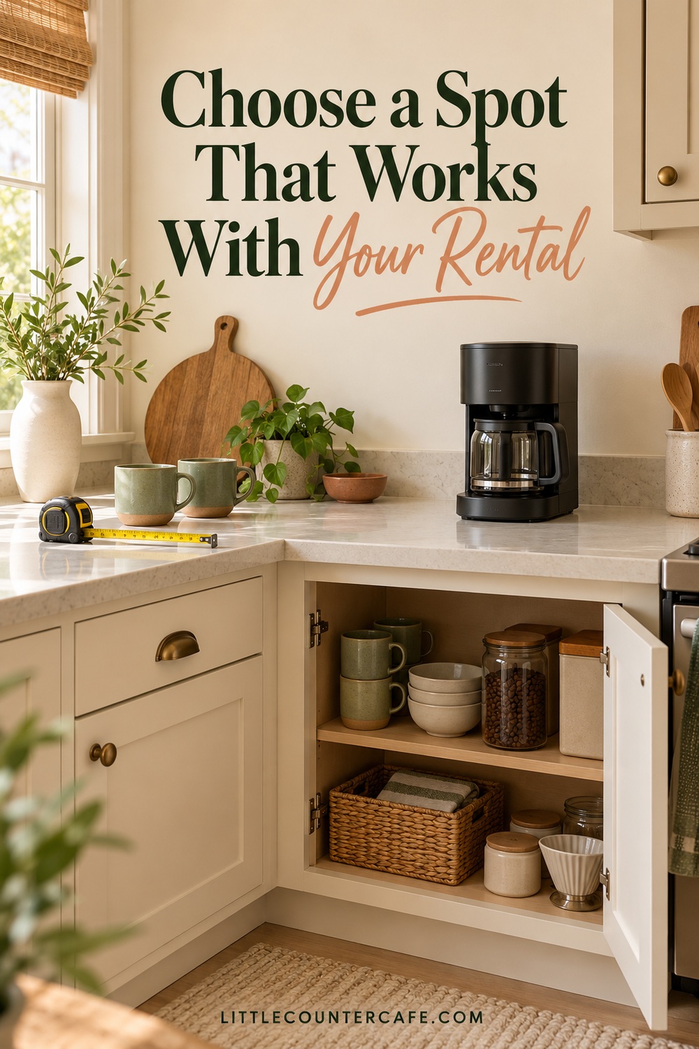 Illustrative cream kitchen corner with open lower cabinet, mugs and coffee maker beside a measuring tape.