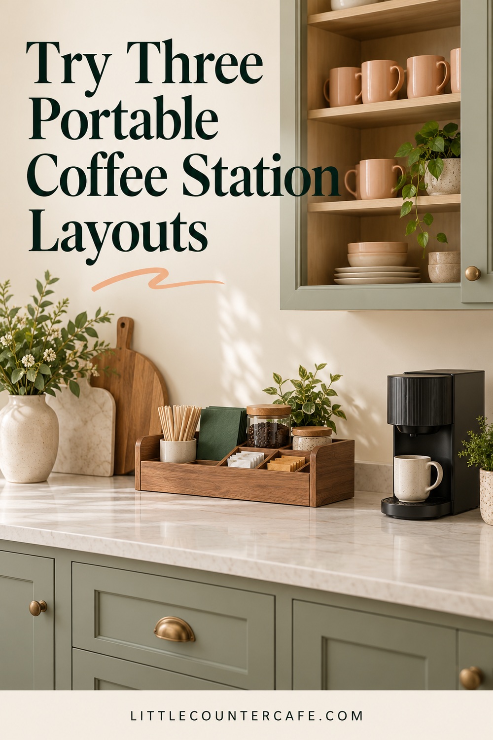 Illustrative portable wooden supply caddy beside a compact coffee maker and an open mug cabinet.
