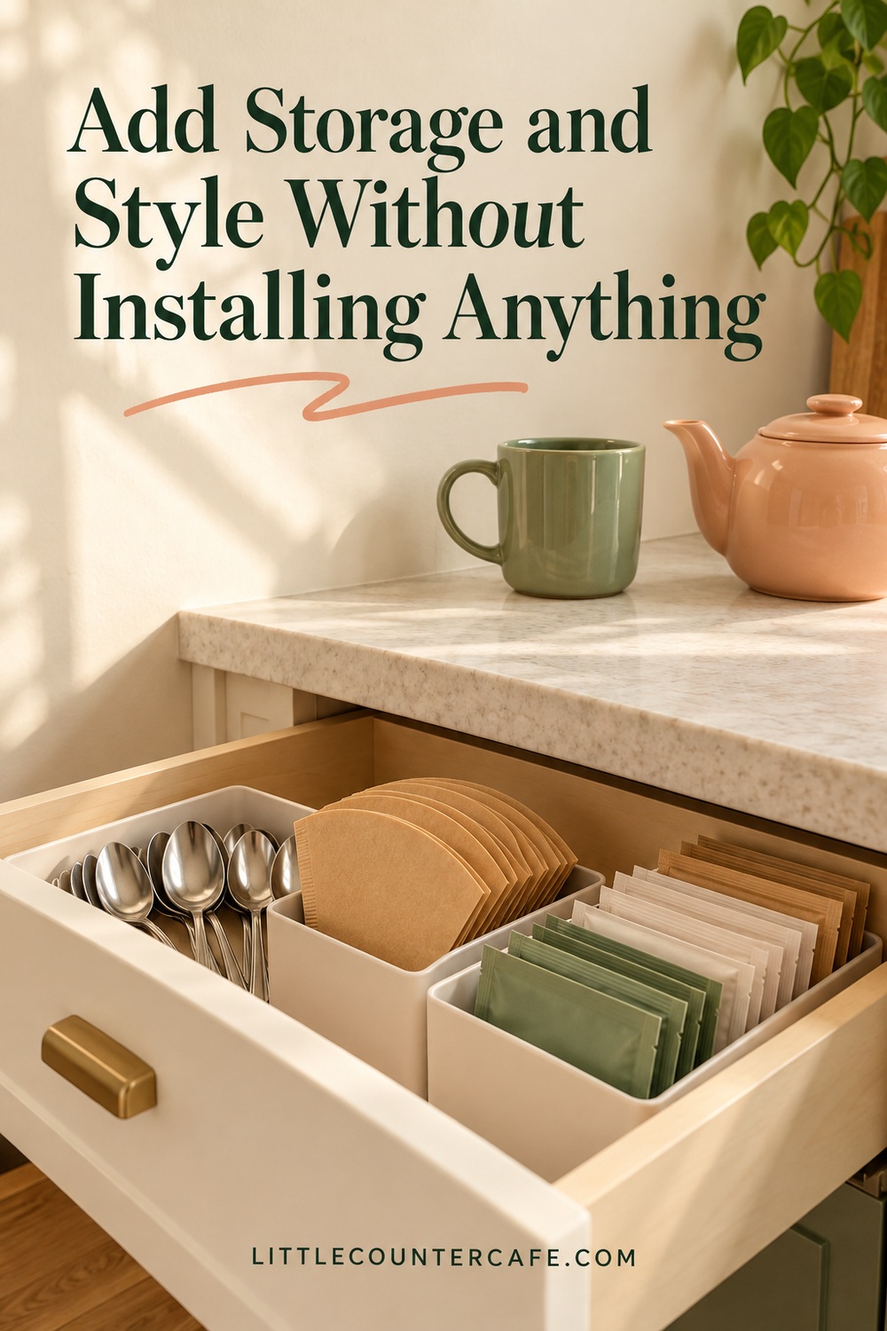 Illustrative drawer with freestanding dividers for spoons, paper filters and plain tea packets.