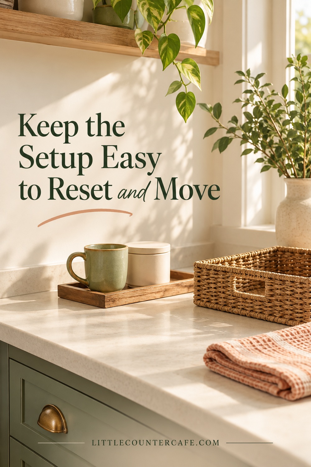 Illustrative rental coffee corner prepared for a simple daily reset.