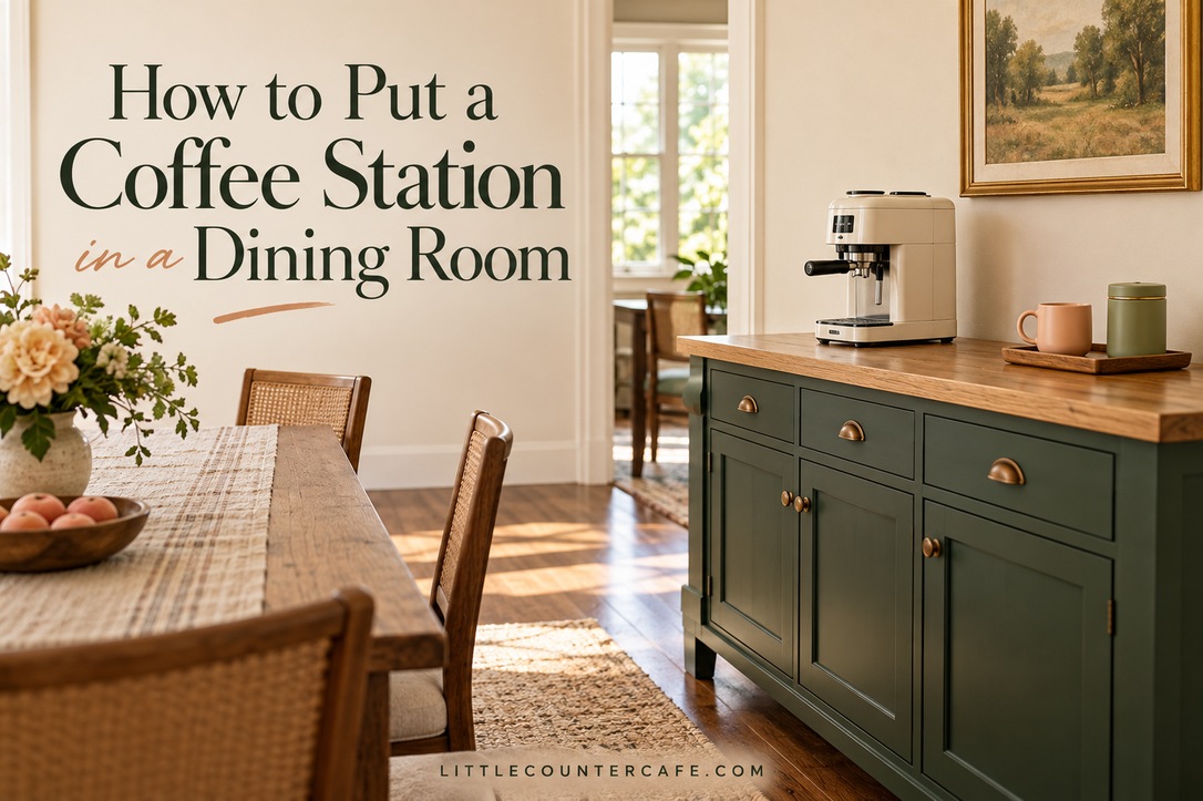 Cream coffee machine and peach mug on a forest green sideboard beside an oak dining table.