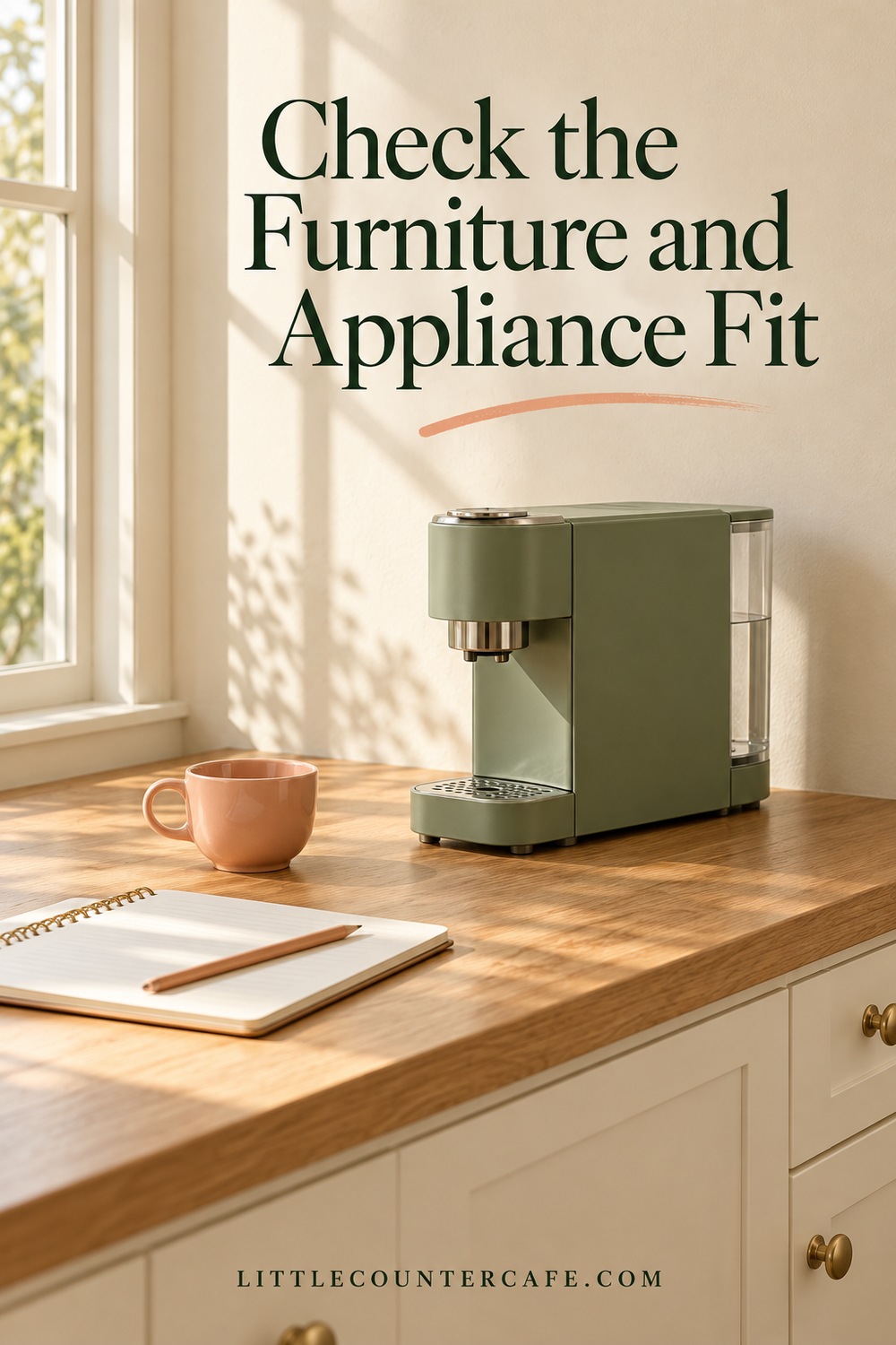 Sage coffee maker, peach mug and planning notebook on an oak cabinet top.