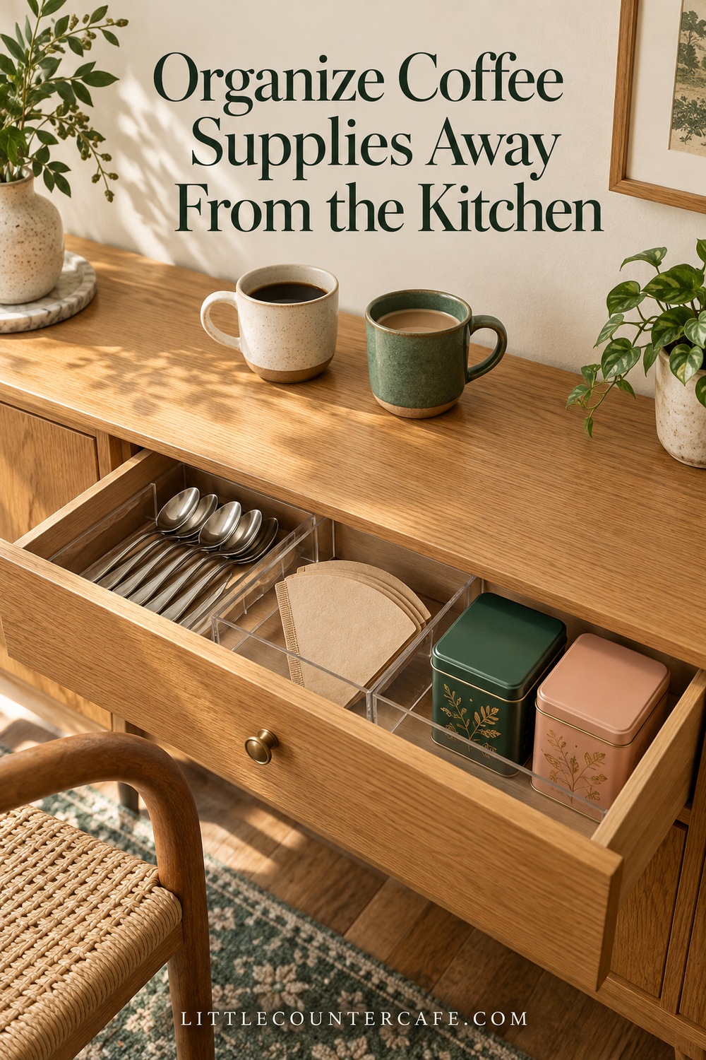 Clean spoons, filters and closed tea tins separated in an oak sideboard drawer.