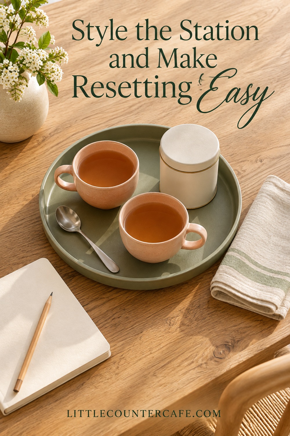 Two peach cups, cream canister and clean spoon on a sage tray beside a notebook.