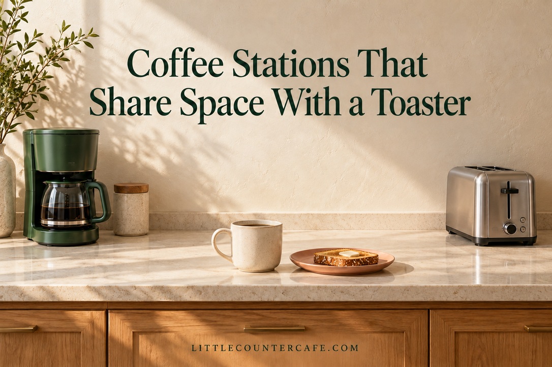Forest green coffee brewer and silver toaster at opposite ends of an open counter with a mug and toast in the middle.
