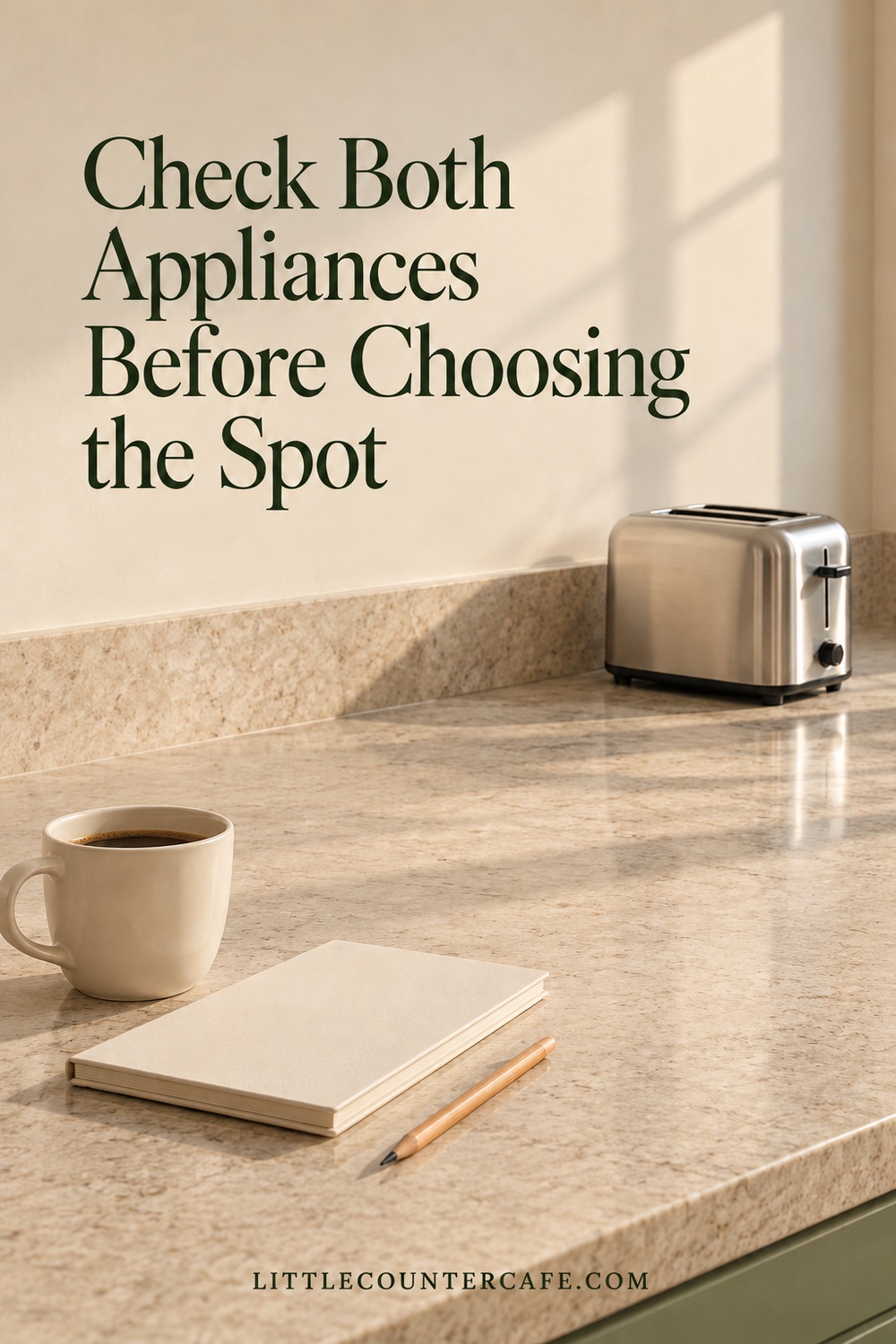 Blank appliance manual and pencil beside a cream coffee mug, with a silver toaster on the open counter in the background.