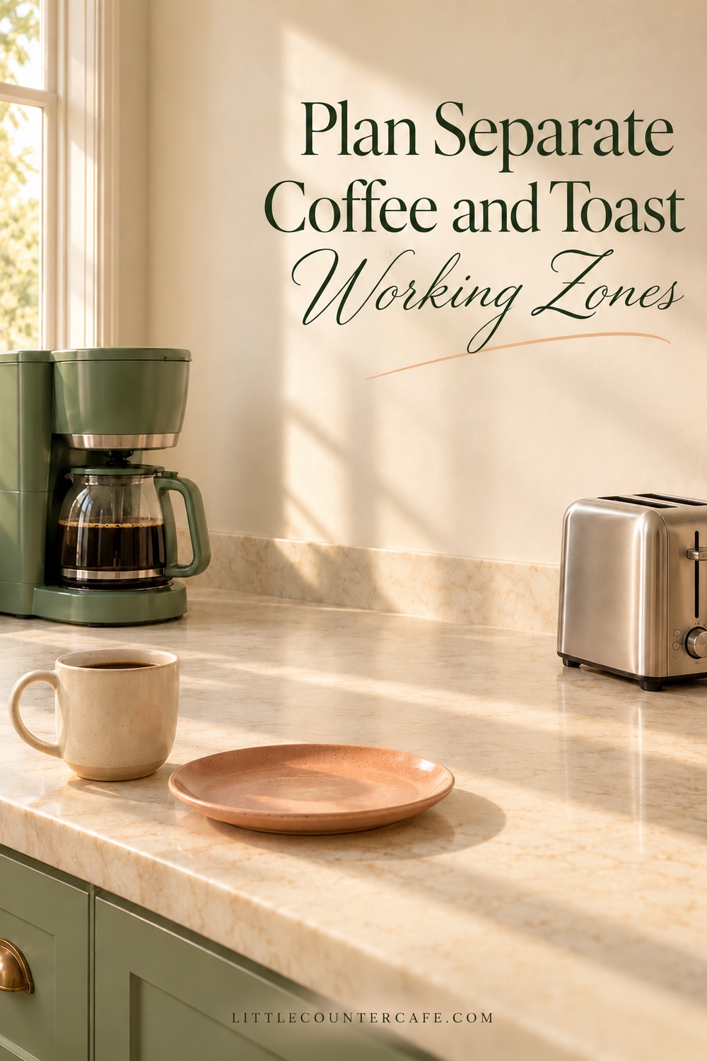 Green drip brewer and an idle silver toaster with empty slots separated on an open counter, with a cream mug and peach plate in front.