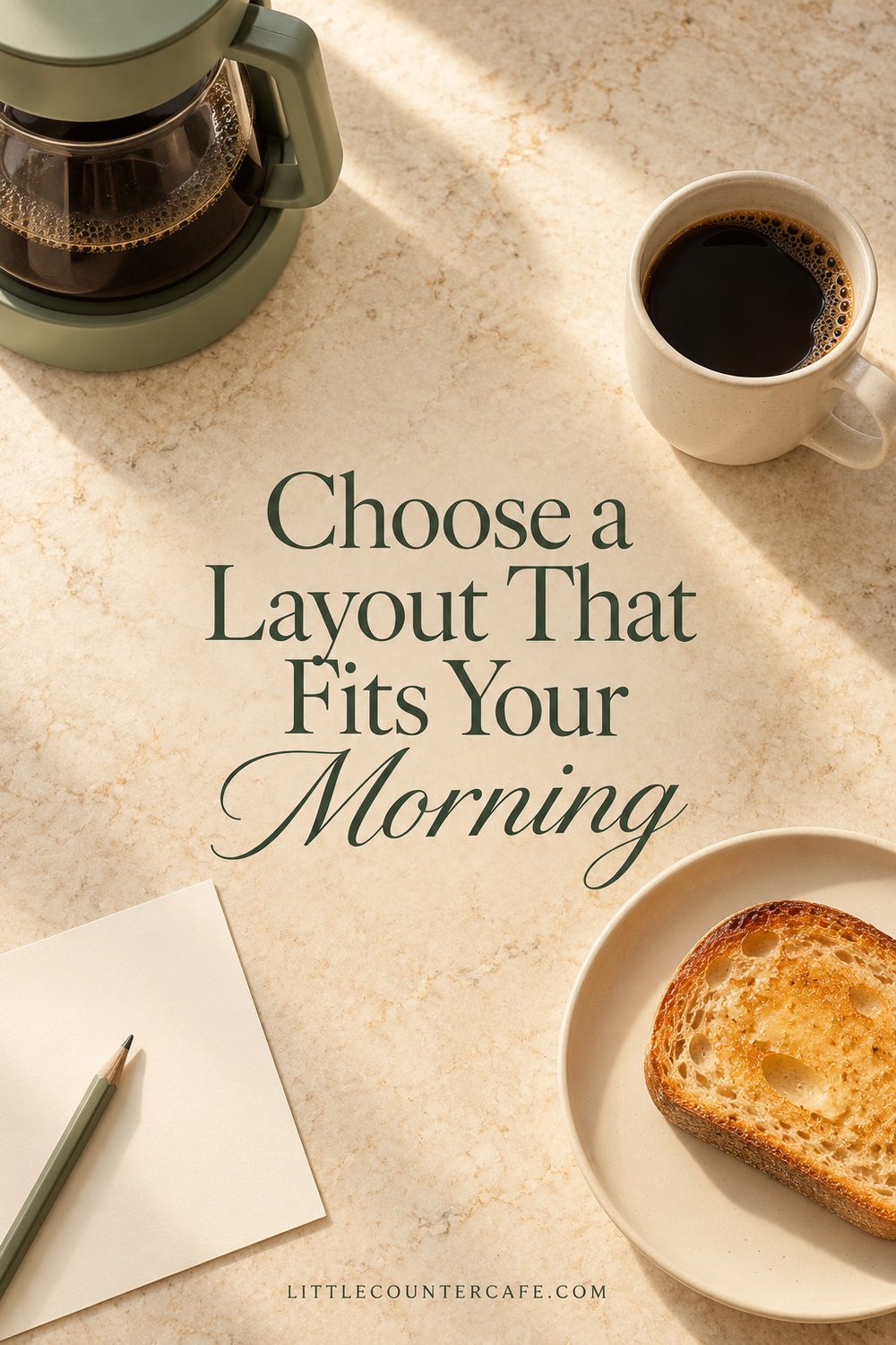 Overhead coffee mug, brewer carafe, toast plate and blank planning paper on a cream stone counter.