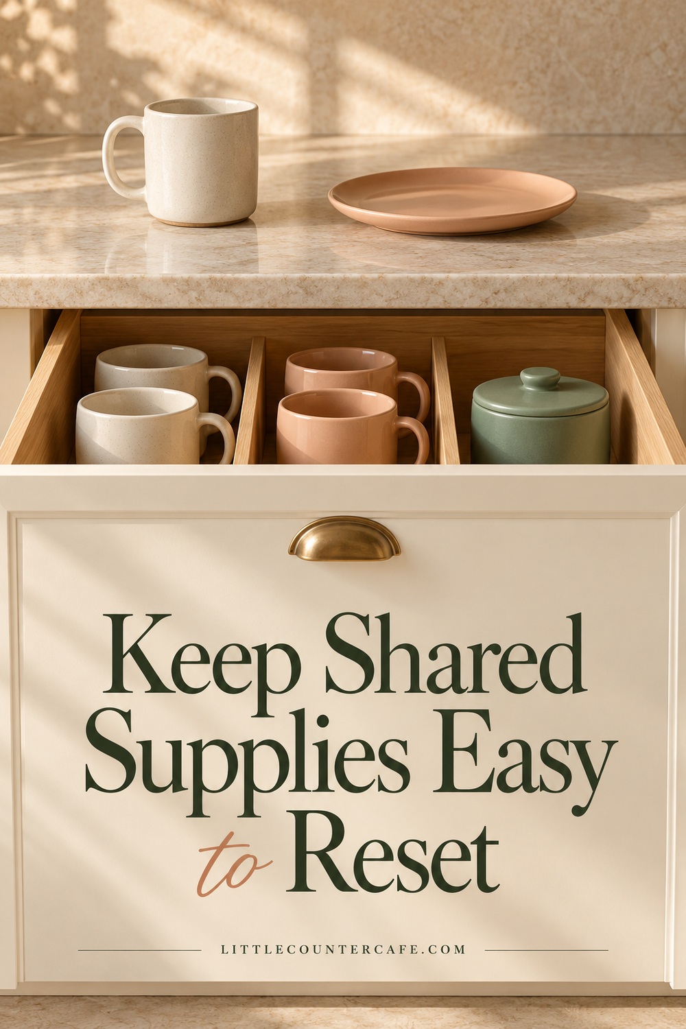 Open wooden drawer organized with cream and peach mugs and a sage canister beneath a clear breakfast counter.
