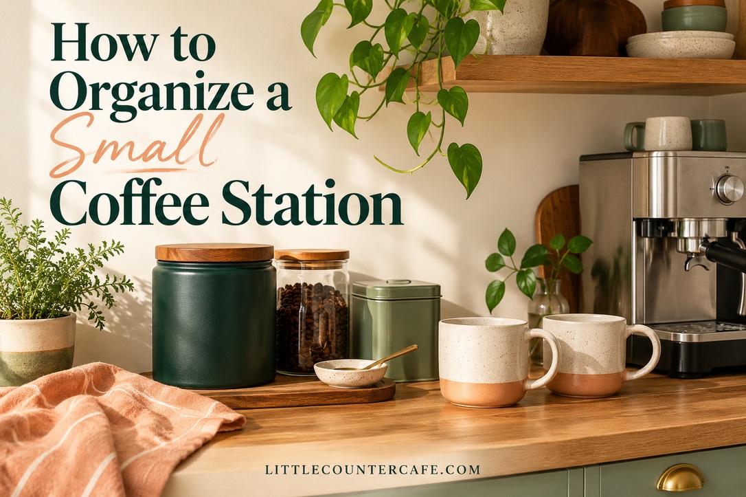 Concept coffee station with a green opaque canister, tea tin and peach mugs on a wood counter.