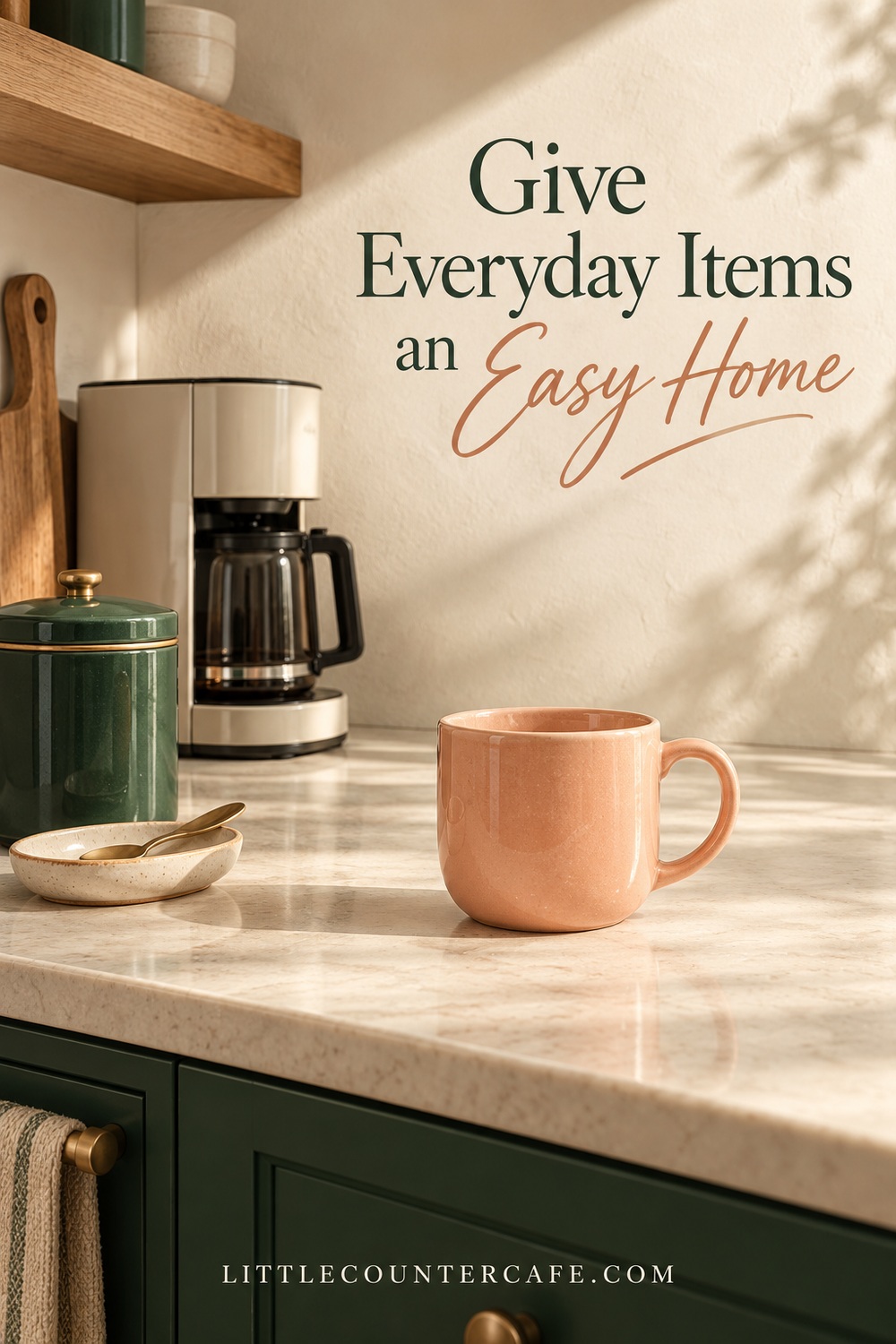 Illustrative small coffee counter with everyday items beside a clear mug landing space.