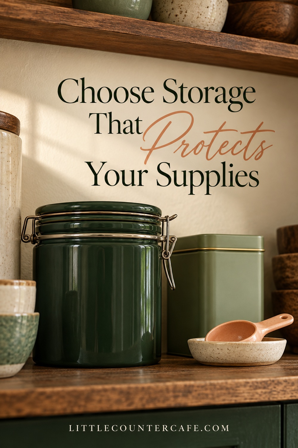 Illustrative opaque coffee and tea containers with simple scoop storage on a shaded shelf.