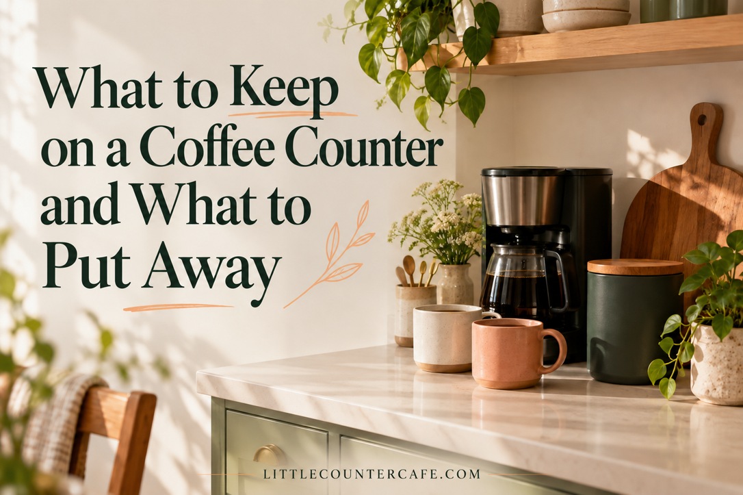 Concept coffee counter with two ceramic mugs, an opaque green canister and a compact brewer beside open workspace.