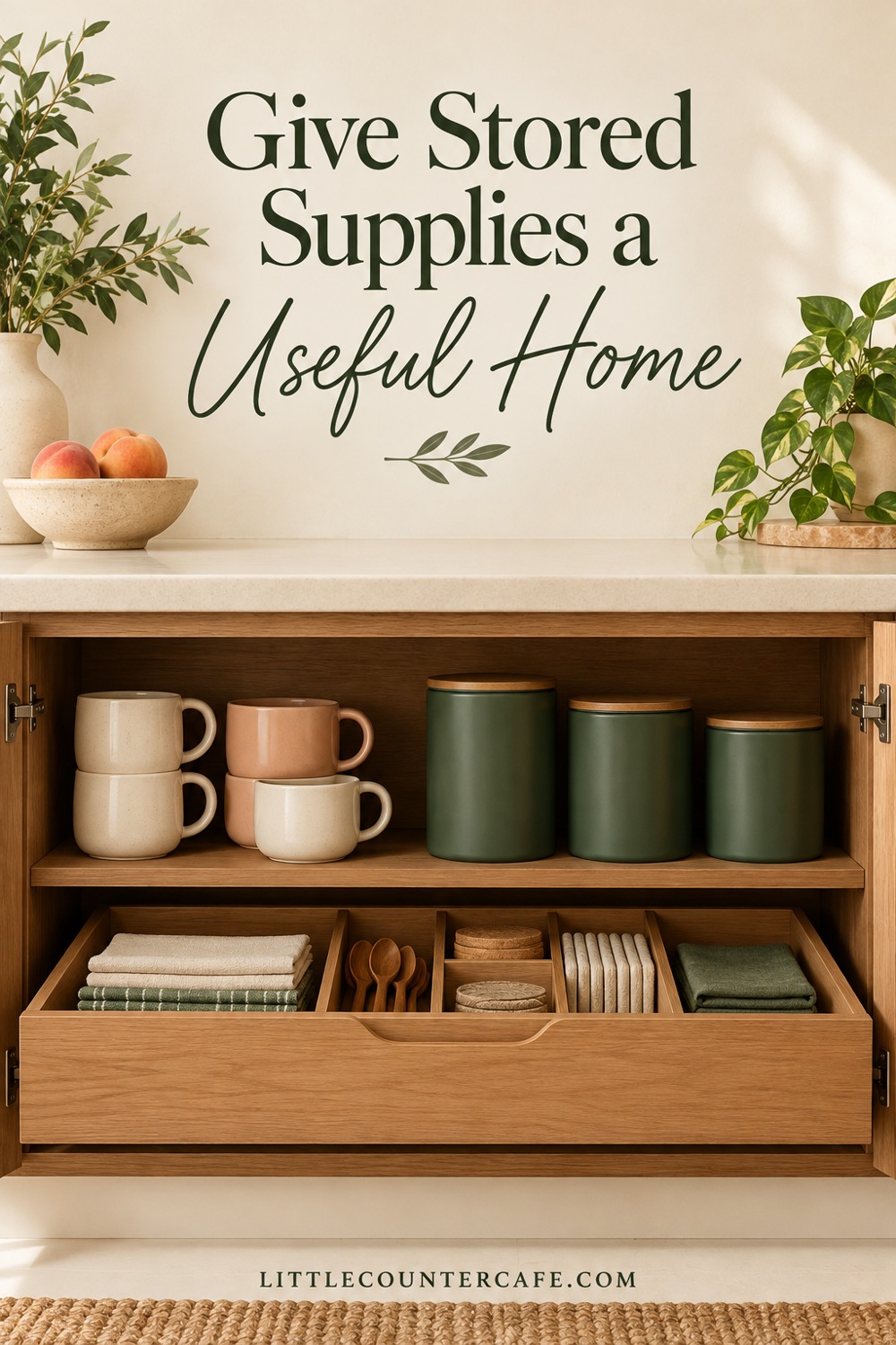 Concept open wooden cabinet with spare mugs, closed green canisters and a divided drawer beneath a clear counter.