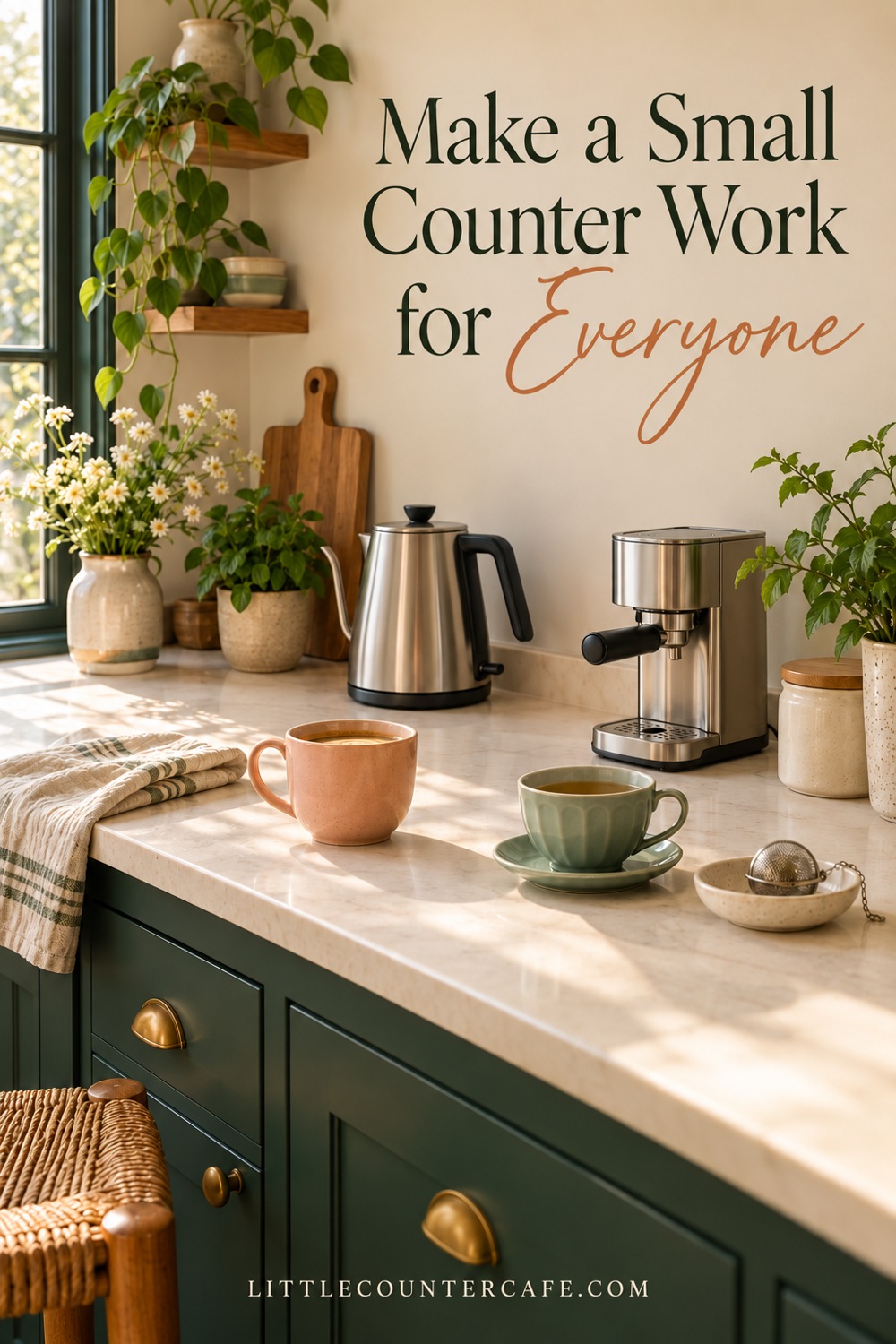 Concept illustration: A shared coffee and tea counter with two everyday cups and an open drink preparation area.