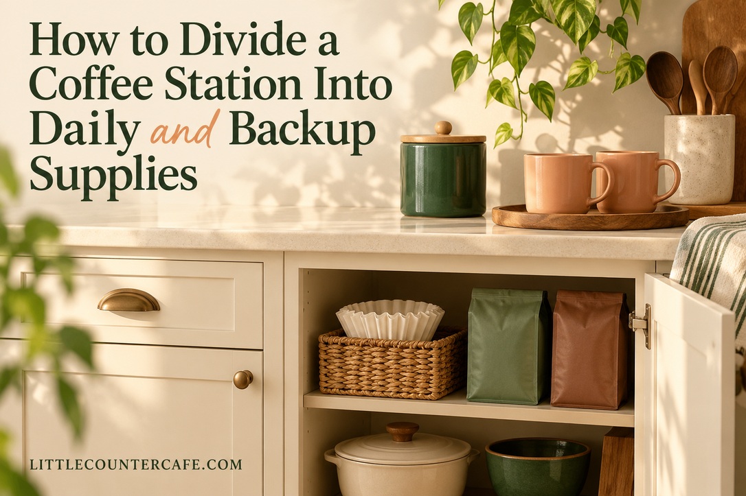 Concept coffee counter with a closed green canister and two peach mugs above a cabinet holding spare filters and sealed bags.