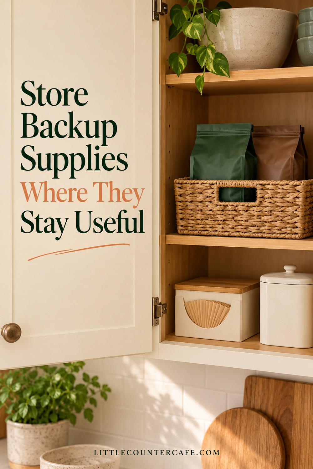 Concept reserve shelf with sealed coffee bags and covered filter storage, arranged for easy access.