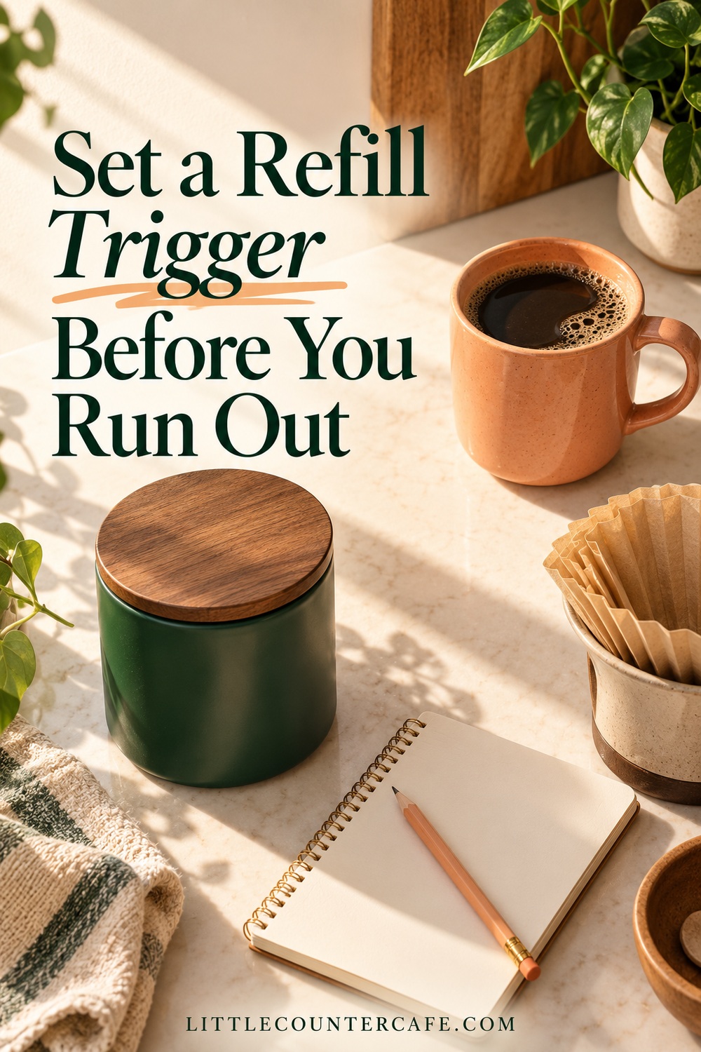 Concept sunlit counter with a peach coffee mug, closed green canister, paper-filter holder and blank notebook with a pencil.