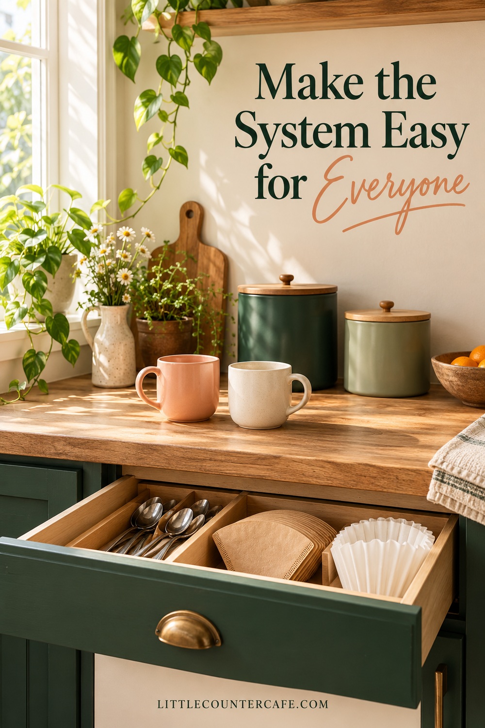 Concept shared coffee and tea station with clearly separated supplies and easy-to-reach storage.