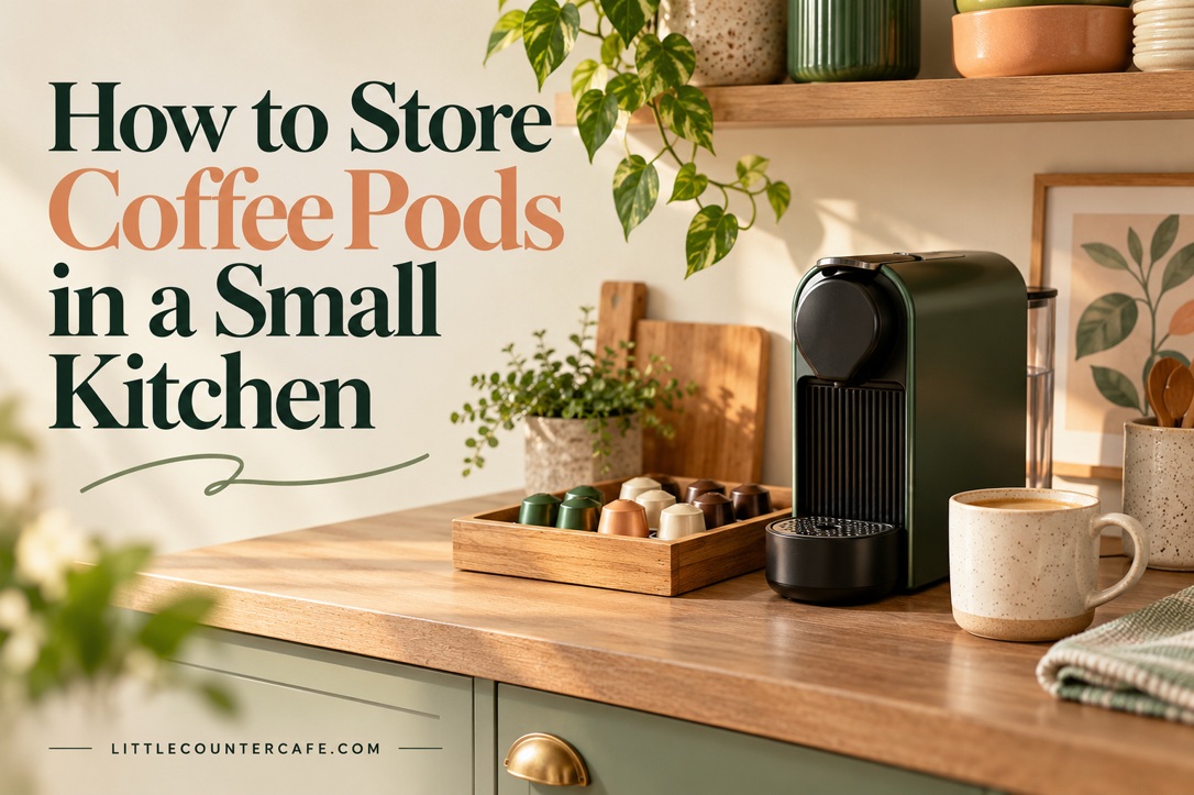 Compact pod coffee machine beside a shallow wooden capsule tray and cream mug on a small kitchen counter.