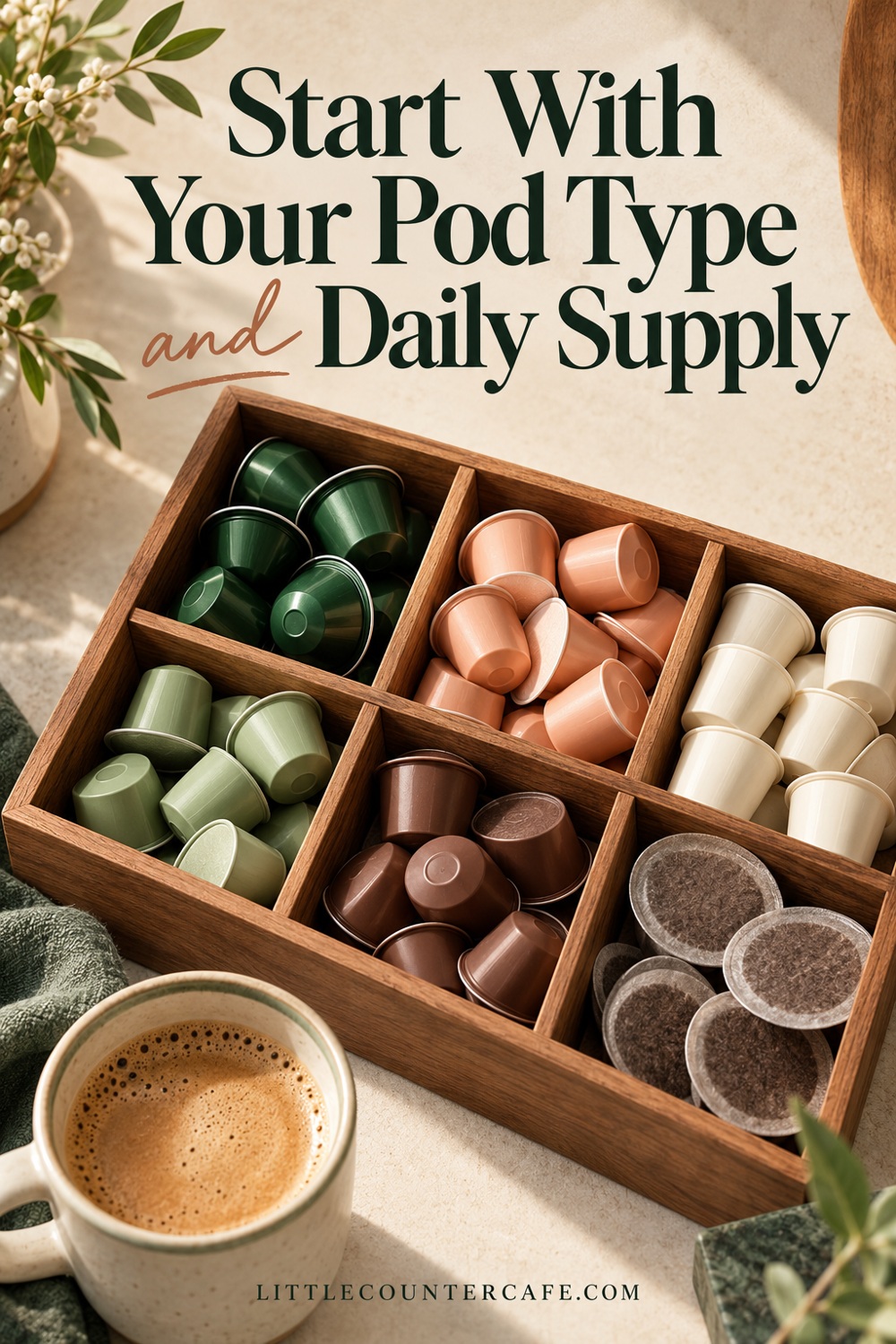 Different sealed coffee pod shapes sorted into compartments of a wooden tray.