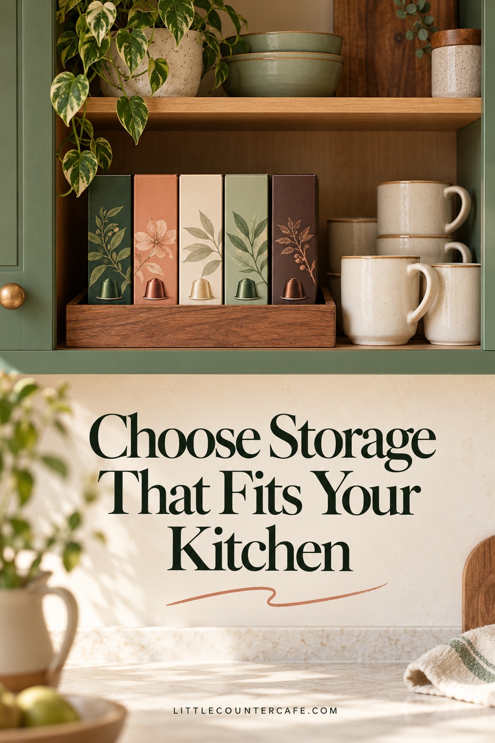 Capsule sleeves stand in a shallow wooden bin inside a sage cabinet beside cream mugs.
