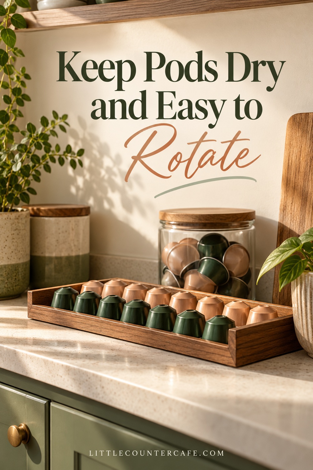 A low wooden tray holds sealed capsules with a glass reserve jar behind it on a dry counter.