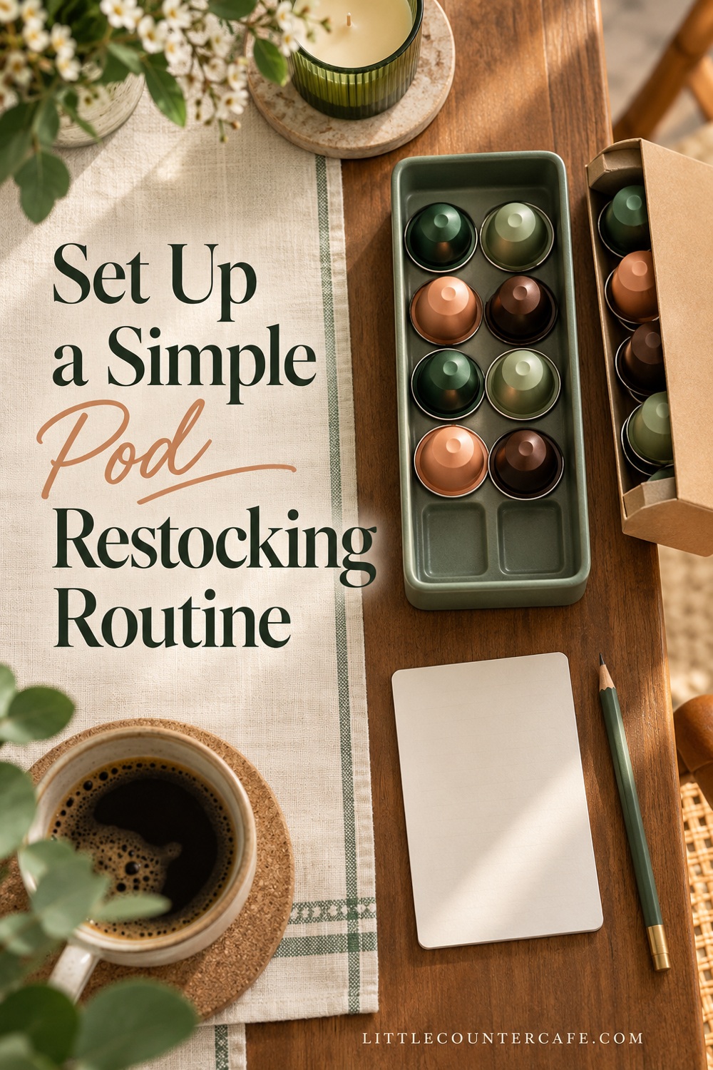A green capsule tray, reserve sleeve, pencil and blank planning card on an oak table.