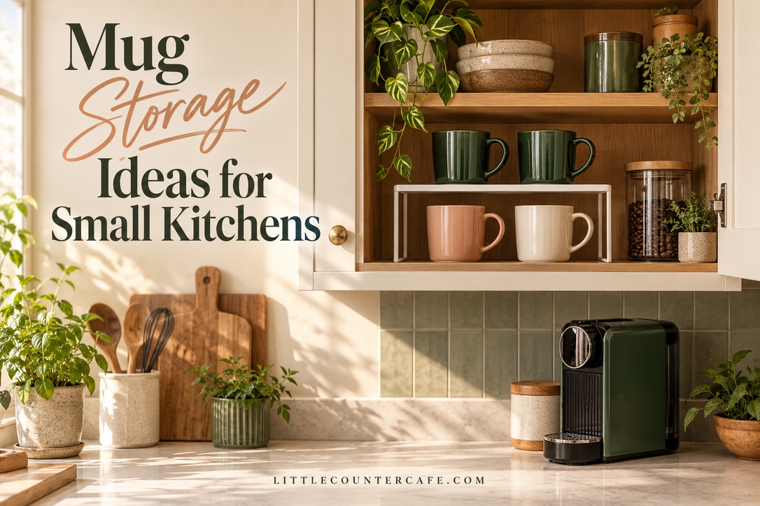 Open kitchen cabinet with green, peach and cream mugs on and beneath a shelf insert.