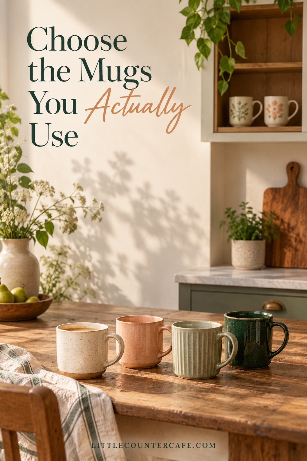 Four everyday mugs on a wood table with two guest mugs in a cabinet behind them.