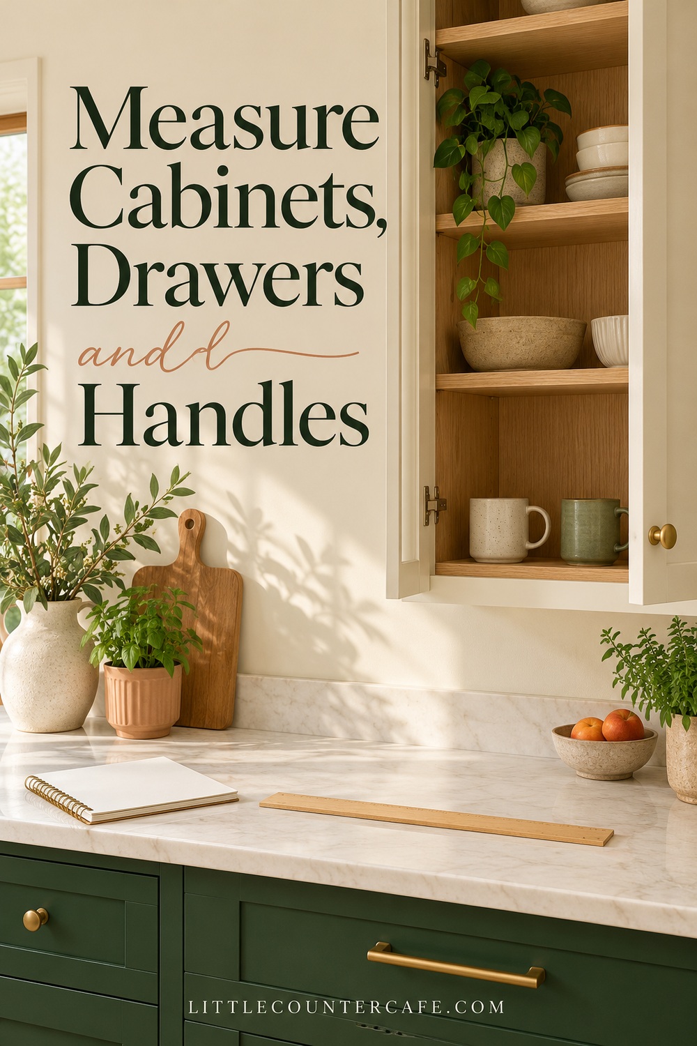 Open cabinet holding mugs beside a notebook and wooden ruler on a clear counter.