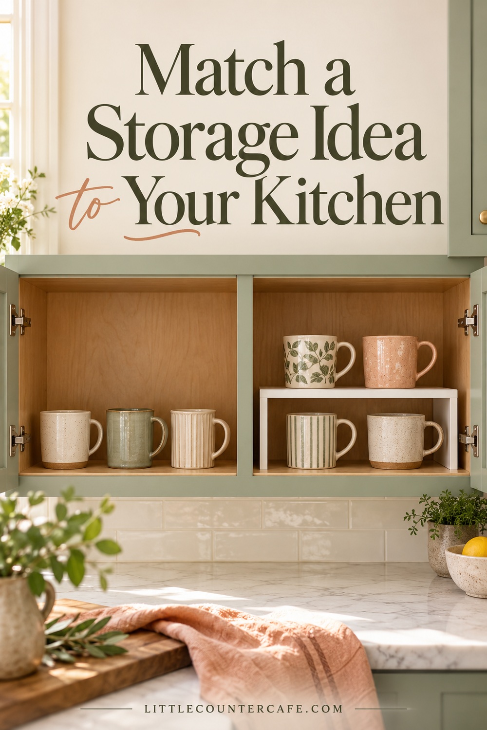 Two cabinet compartments showing a single mug row and a shelf-insert arrangement.