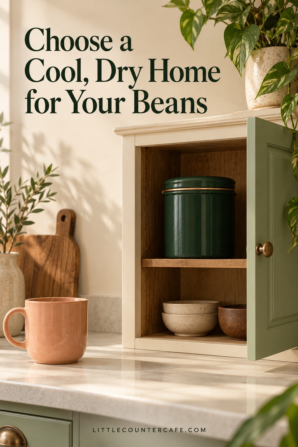 Opaque green coffee canister on a wooden shelf inside a sage cupboard.