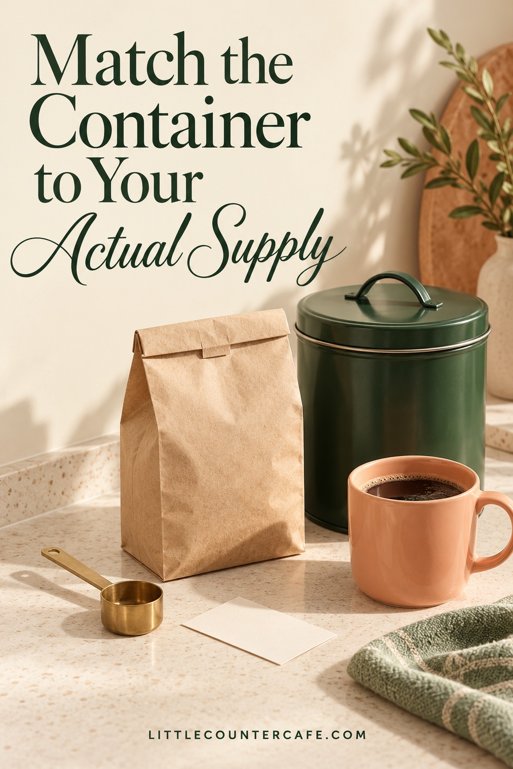 Closed coffee bag and green storage tin beside a peach mug and dry scoop.